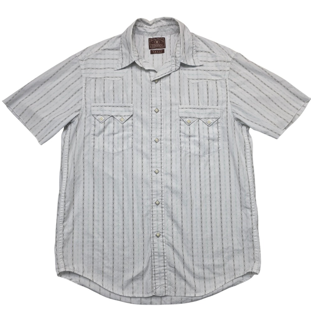 Lucky Brand Mens Pearl Snap Western Shirt Small Gray Blue Stripe Short Sleeve